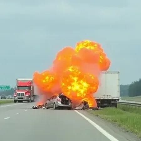 Caminhão tomba e explode na BR